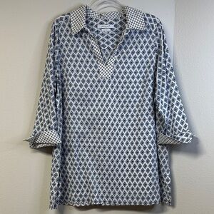 Foxcroft Nora Diamond Block Wrinkle Free Cotton Tunic Women's Plus Size 14W